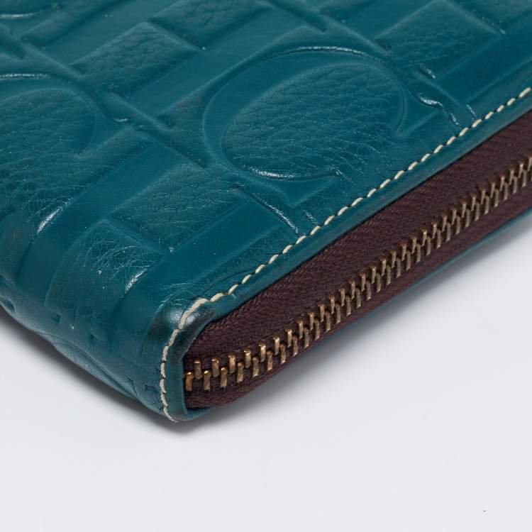 Pre Owned CH Carolina Herrera Green Monogram Embossed Leather Zip Around Wallet
