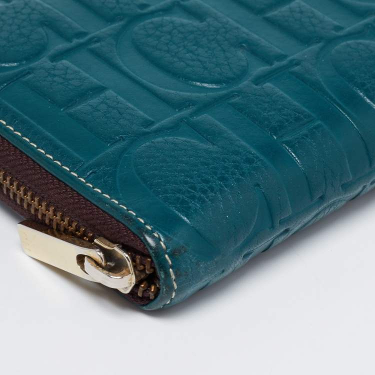 Pre Owned CH Carolina Herrera Green Monogram Embossed Leather Zip Around Wallet
