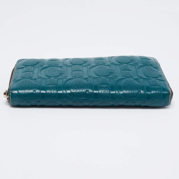 Pre Owned CH Carolina Herrera Green Monogram Embossed Leather Zip Around Wallet