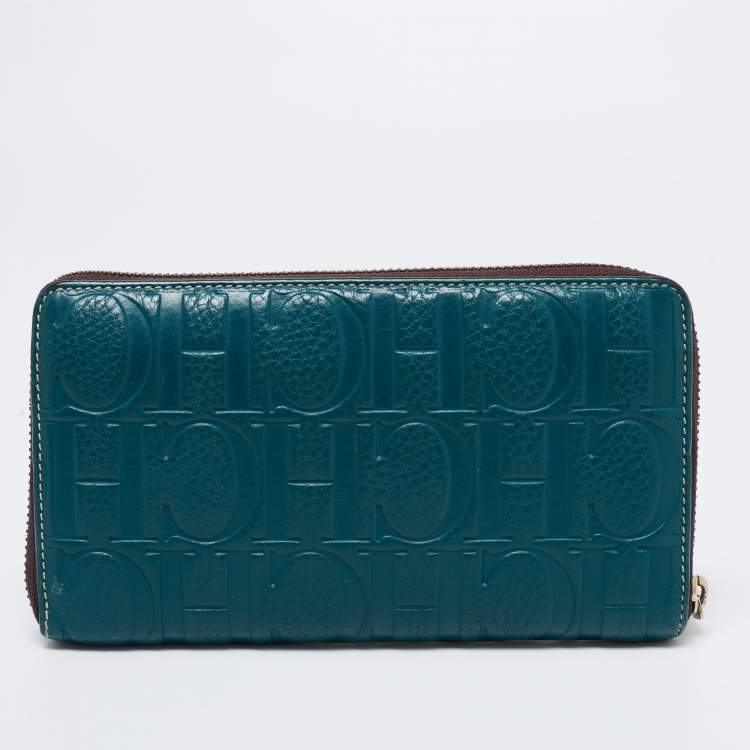 Pre Owned CH Carolina Herrera Green Monogram Embossed Leather Zip Around Wallet