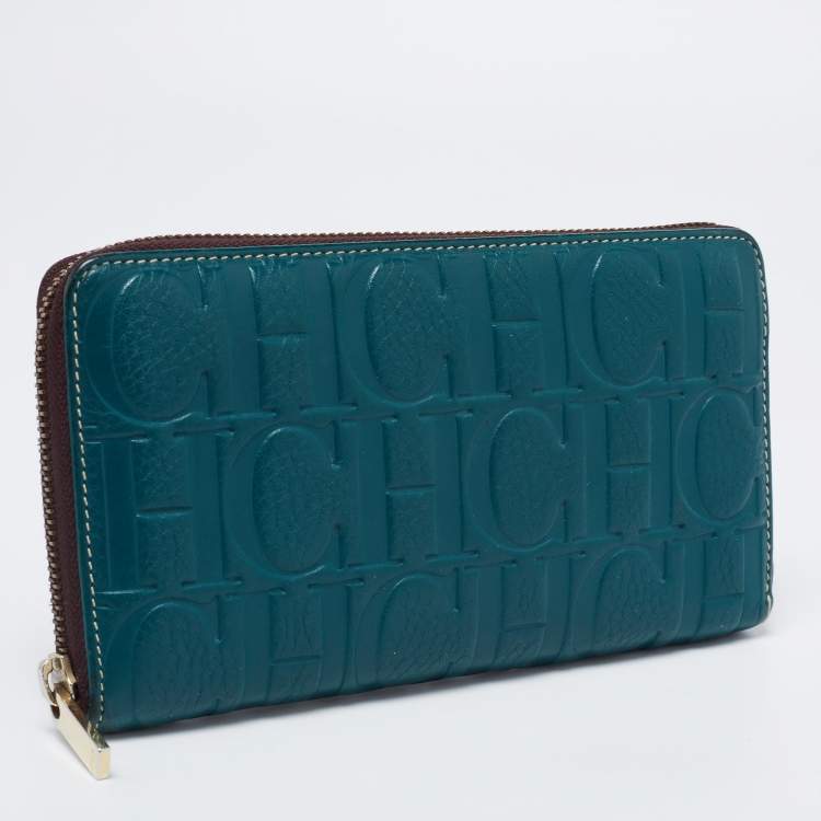 Pre Owned CH Carolina Herrera Green Monogram Embossed Leather Zip Around Wallet