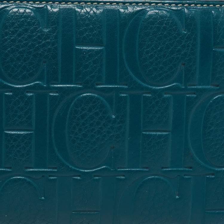 Pre Owned CH Carolina Herrera Green Monogram Embossed Leather Zip Around Wallet