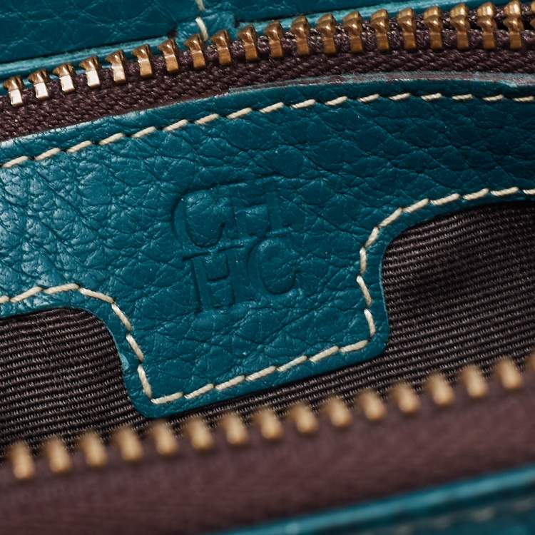 Pre Owned CH Carolina Herrera Green Monogram Embossed Leather Zip Around Wallet