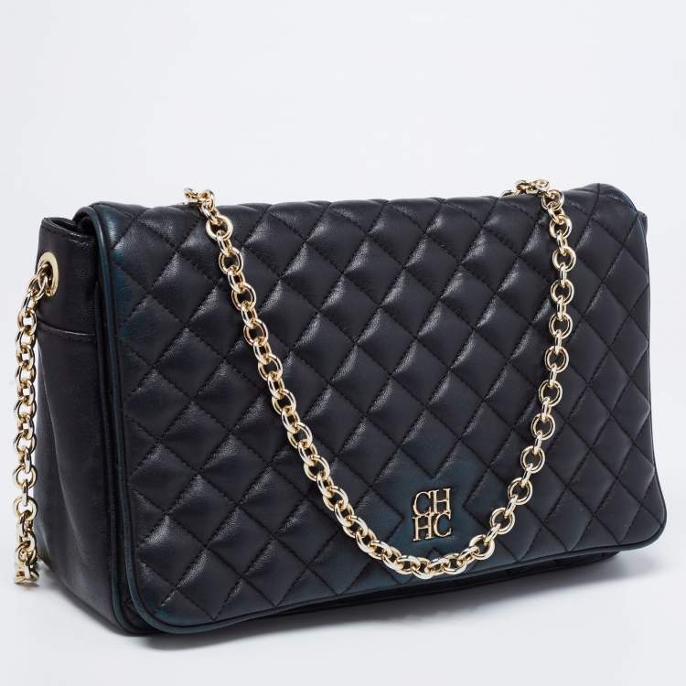 Pre Owned CH Carolina Herrera Black Quilted Leather Flap Chain Shoulder Bag