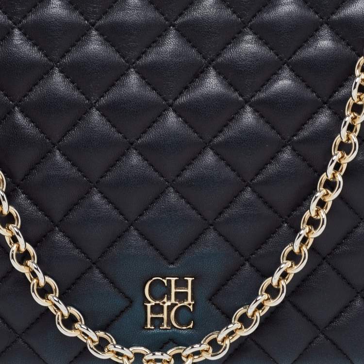 Pre Owned CH Carolina Herrera Black Quilted Leather Flap Chain Shoulder Bag