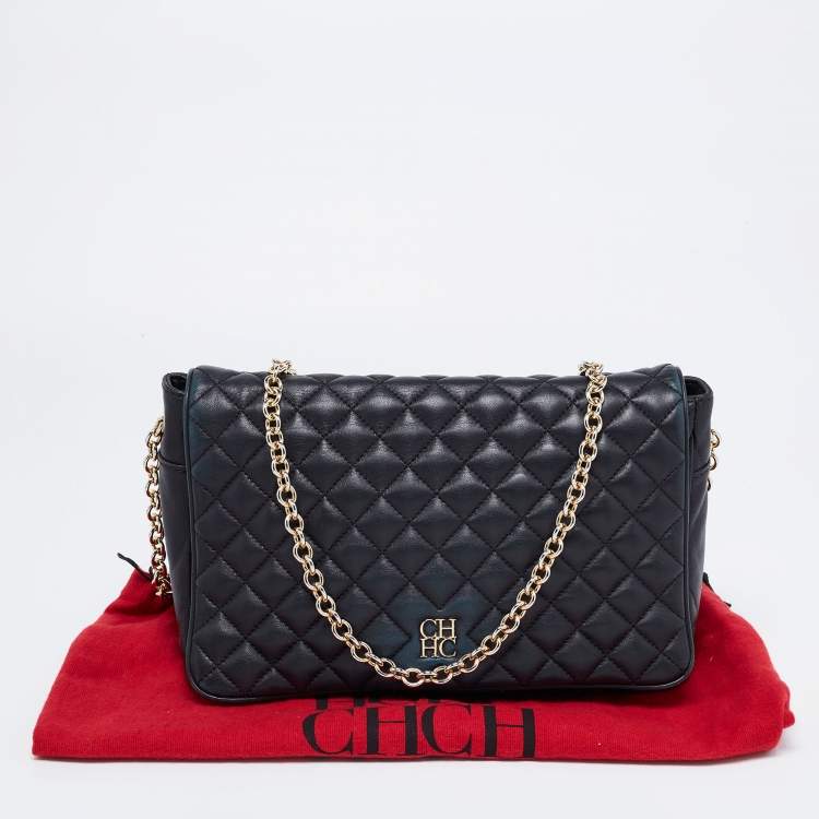 Pre Owned CH Carolina Herrera Black Quilted Leather Flap Chain Shoulder Bag