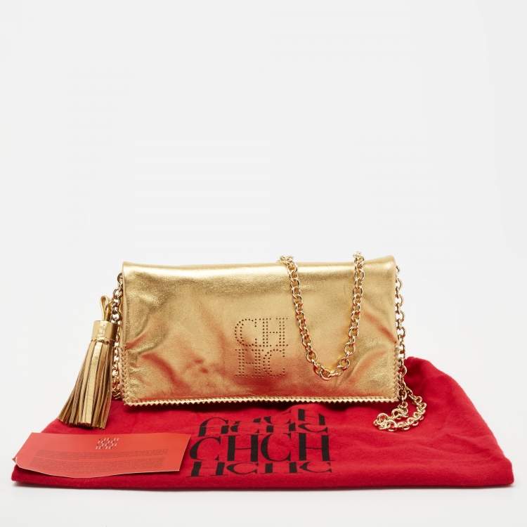 Pre Owned CH Carolina Herrera Metallic Gold Leather Tassel Chain Crossbody Bag