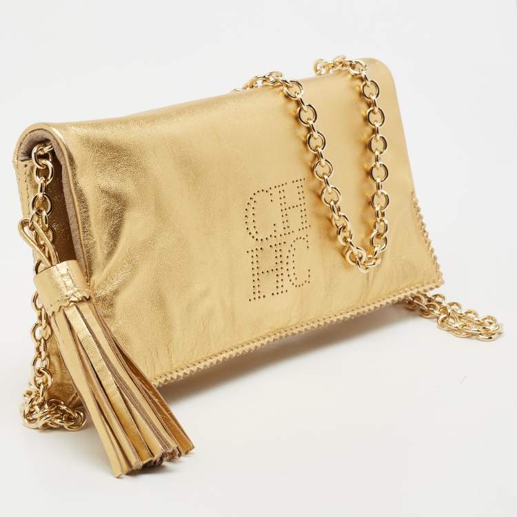 Pre Owned CH Carolina Herrera Metallic Gold Leather Tassel Chain Crossbody Bag