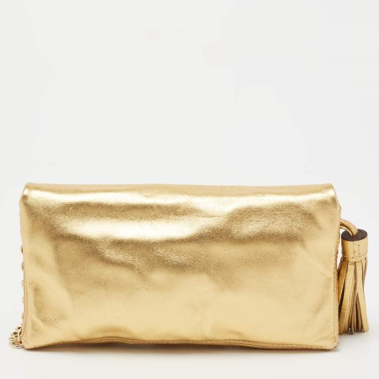 Pre Owned CH Carolina Herrera Metallic Gold Leather Tassel Chain Crossbody Bag