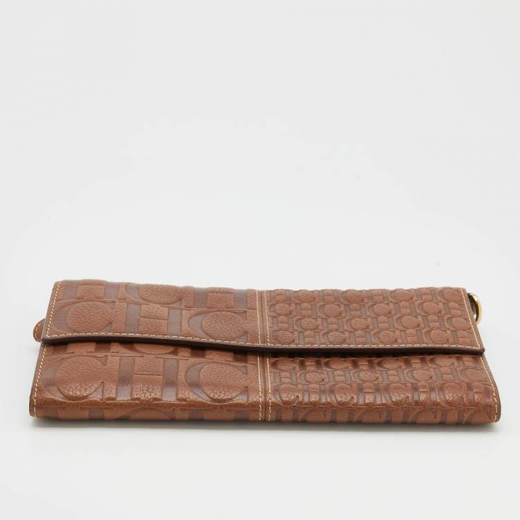 Pre Owned CH Carolina Herrera Brown Monogram Embossed Leather Continental Wallet 