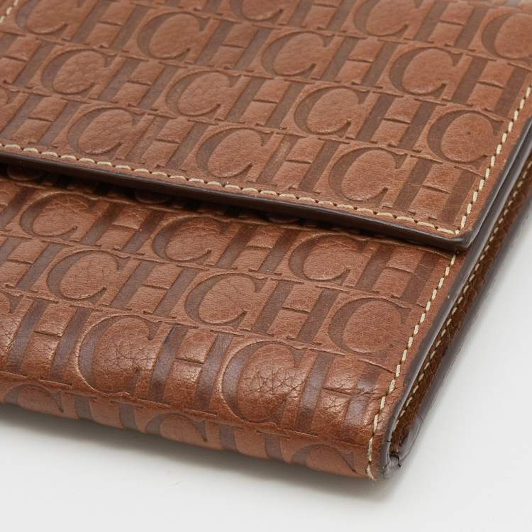 Pre Owned CH Carolina Herrera Brown Monogram Embossed Leather Continental Wallet 