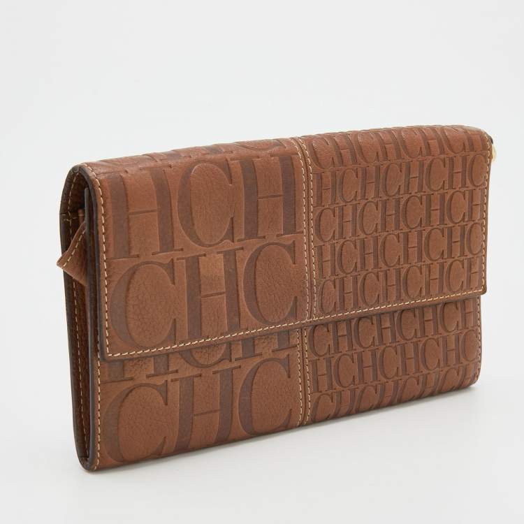 Pre Owned CH Carolina Herrera Brown Monogram Embossed Leather Continental Wallet 