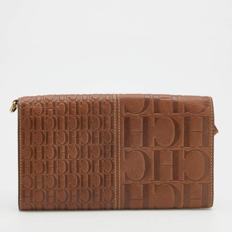 Pre Owned CH Carolina Herrera Brown Monogram Embossed Leather Continental Wallet 