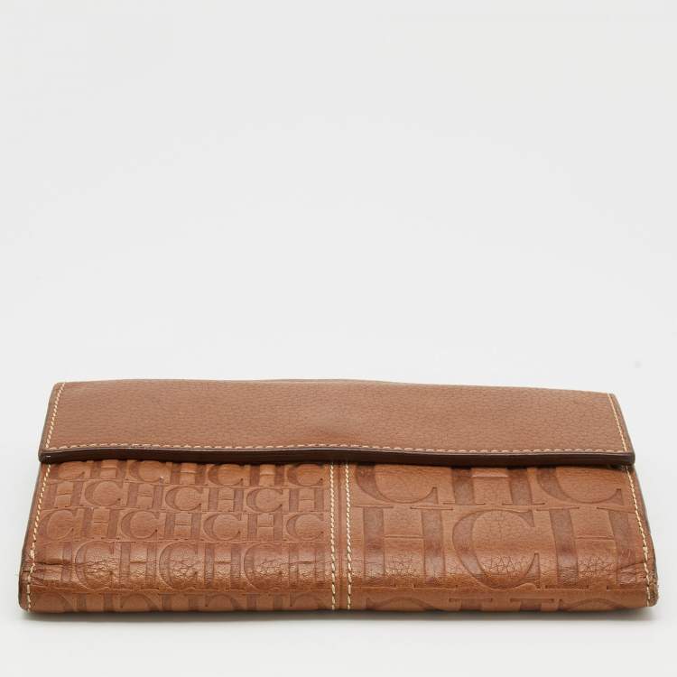 Pre Owned CH Carolina Herrera Light Brown Monogram Leather Bifold Flap Wallet