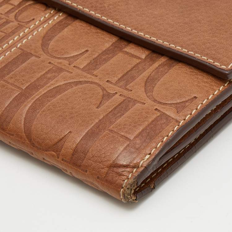 Pre Owned CH Carolina Herrera Light Brown Monogram Leather Bifold Flap Wallet
