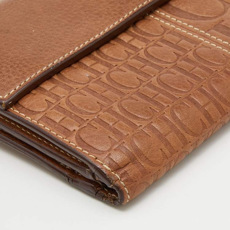 Pre Owned CH Carolina Herrera Light Brown Monogram Leather Bifold Flap Wallet