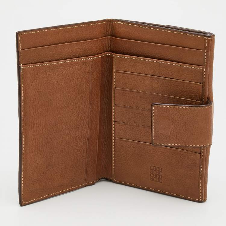 Pre Owned CH Carolina Herrera Light Brown Monogram Leather Bifold Flap Wallet