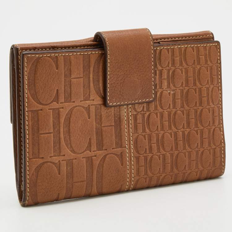 Pre Owned CH Carolina Herrera Light Brown Monogram Leather Bifold Flap Wallet