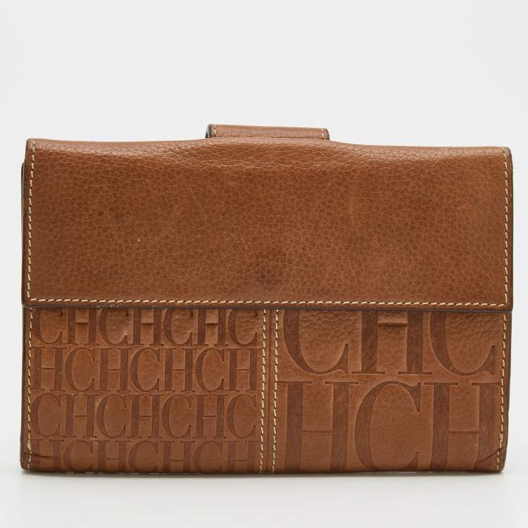 Pre Owned CH Carolina Herrera Light Brown Monogram Leather Bifold Flap Wallet