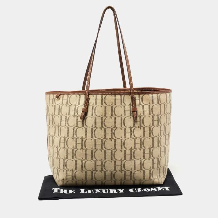 Pre Owned CH Carolina Herrera Cream Coated Canvas Logo Tote