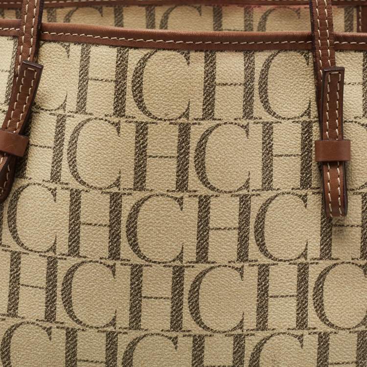 Pre Owned CH Carolina Herrera Cream Coated Canvas Logo Tote
