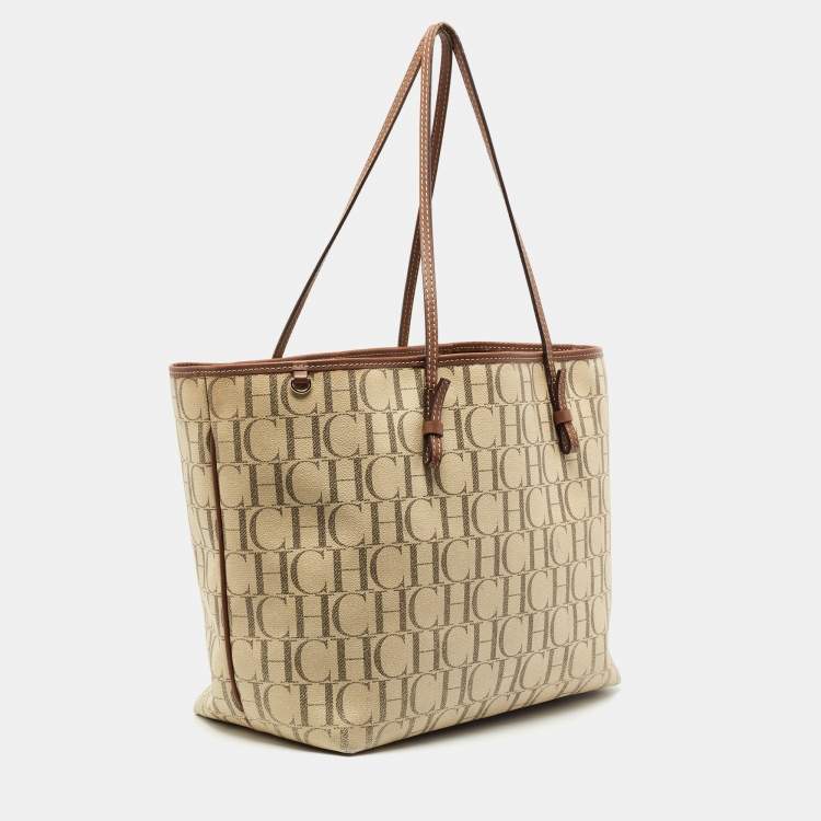 Pre Owned CH Carolina Herrera Cream Coated Canvas Logo Tote