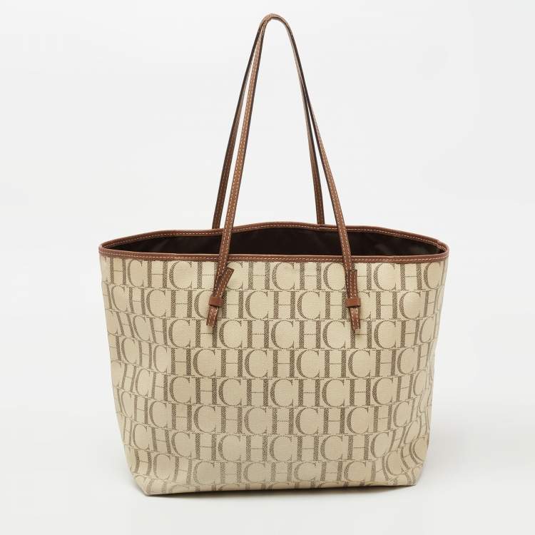 Pre Owned CH Carolina Herrera Cream Coated Canvas Logo Tote