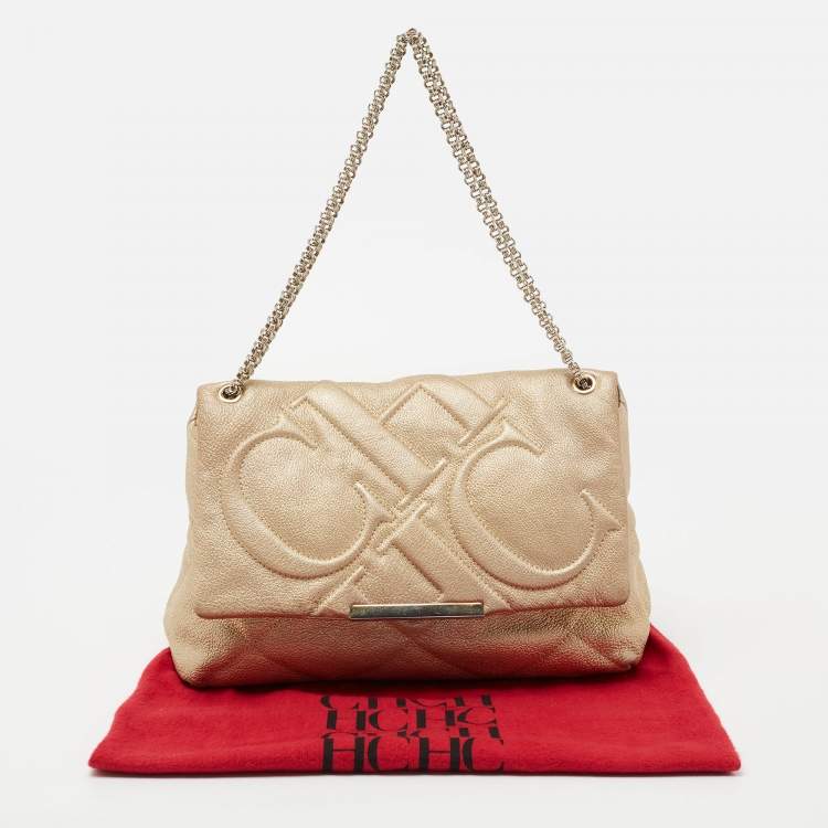 Pre Owned CH Carolina Herrera Metallic Gold Quilted Leather Flap Chain Shoulder Bag