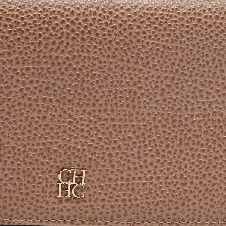Pre Owned CH Carolina Herrera Beige Leather Flap Bifold Continental Wallet