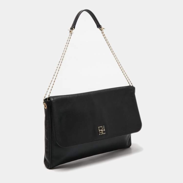 Pre Owned CH Carolina Herrera Black Leather Chain Flap Shoulder Bag