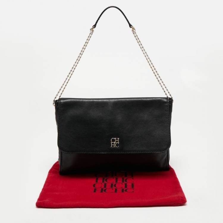 Pre Owned CH Carolina Herrera Black Leather Chain Flap Shoulder Bag