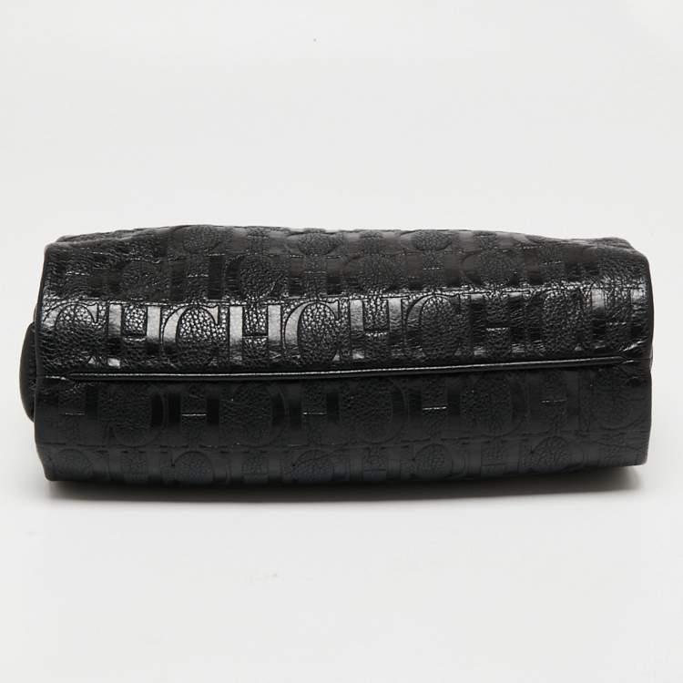 Pre Owned CH Carolina Herrera Black Logo Embossed Leather Shoulder Bag