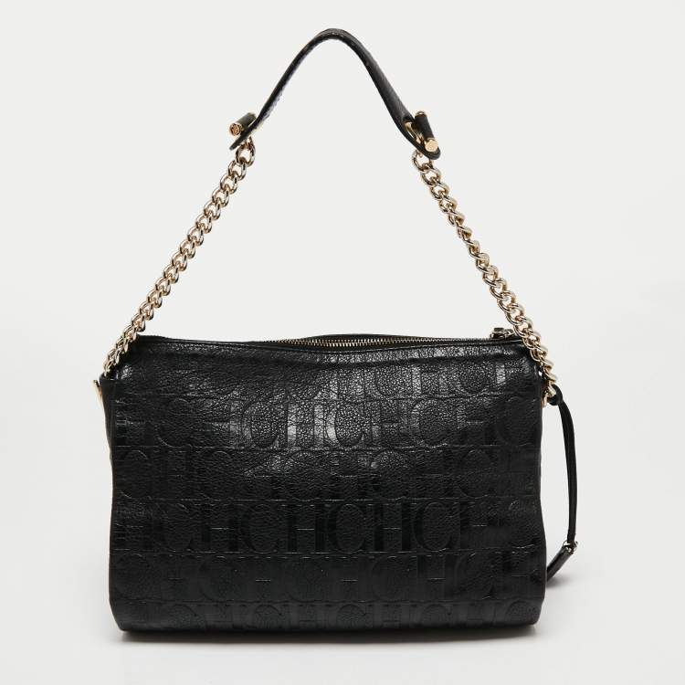 Pre Owned CH Carolina Herrera Black Logo Embossed Leather Shoulder Bag
