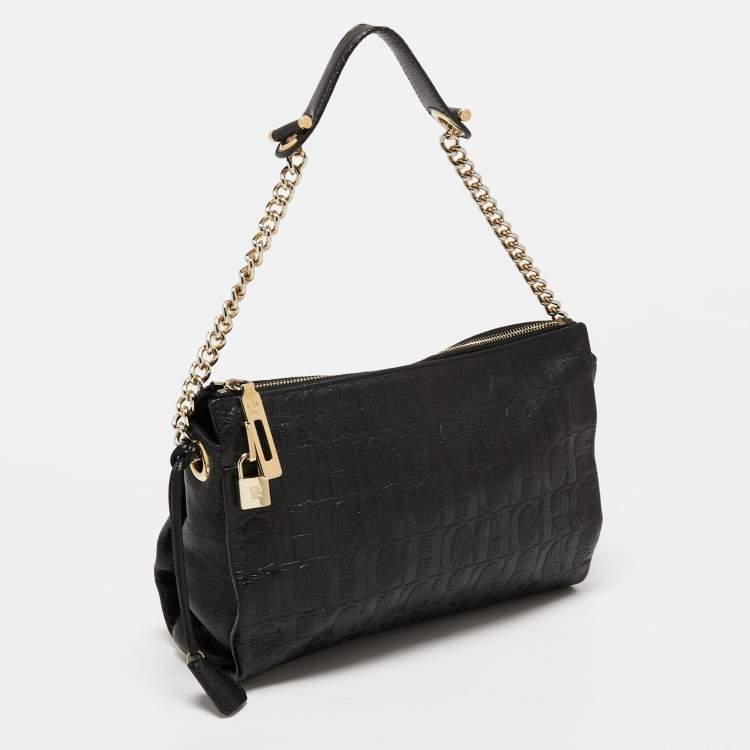 Pre Owned CH Carolina Herrera Black Logo Embossed Leather Shoulder Bag