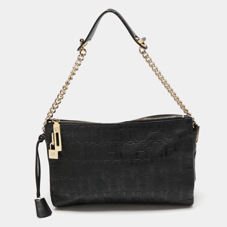 Pre Owned CH Carolina Herrera Black Logo Embossed Leather Shoulder Bag