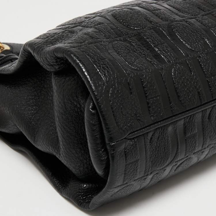 Pre Owned CH Carolina Herrera Black Logo Embossed Leather Shoulder Bag