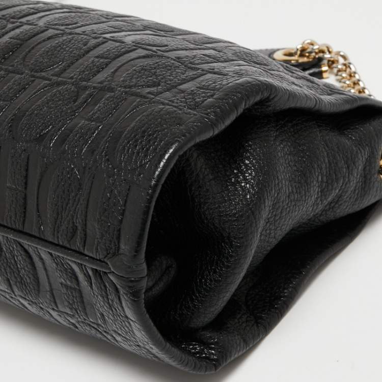 Pre Owned CH Carolina Herrera Black Logo Embossed Leather Shoulder Bag