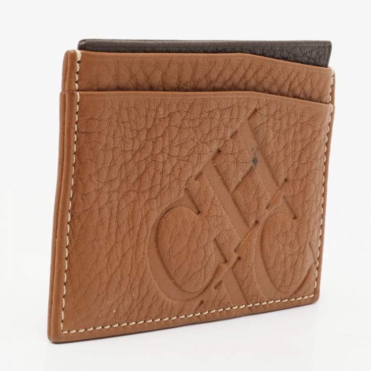 Pre Owned CH Carolina Herrera Tan Monogram Embossed Leather Card Holder
