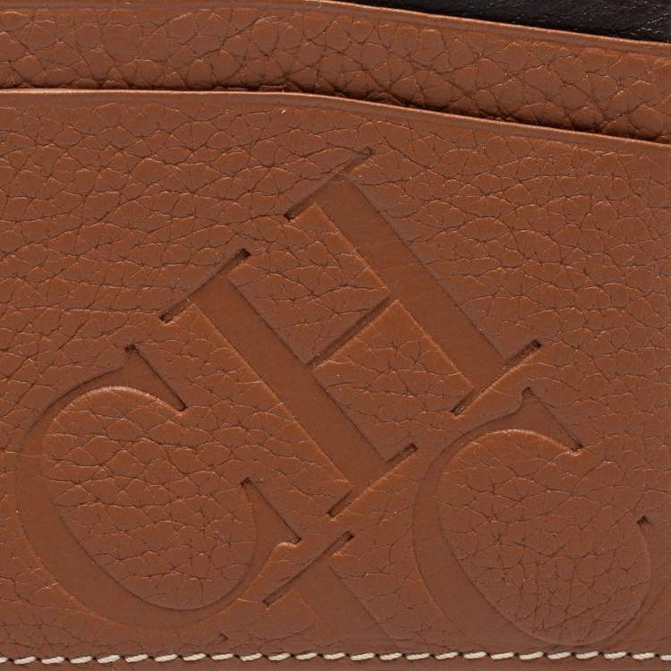Pre Owned CH Carolina Herrera Tan Monogram Embossed Leather Card Holder
