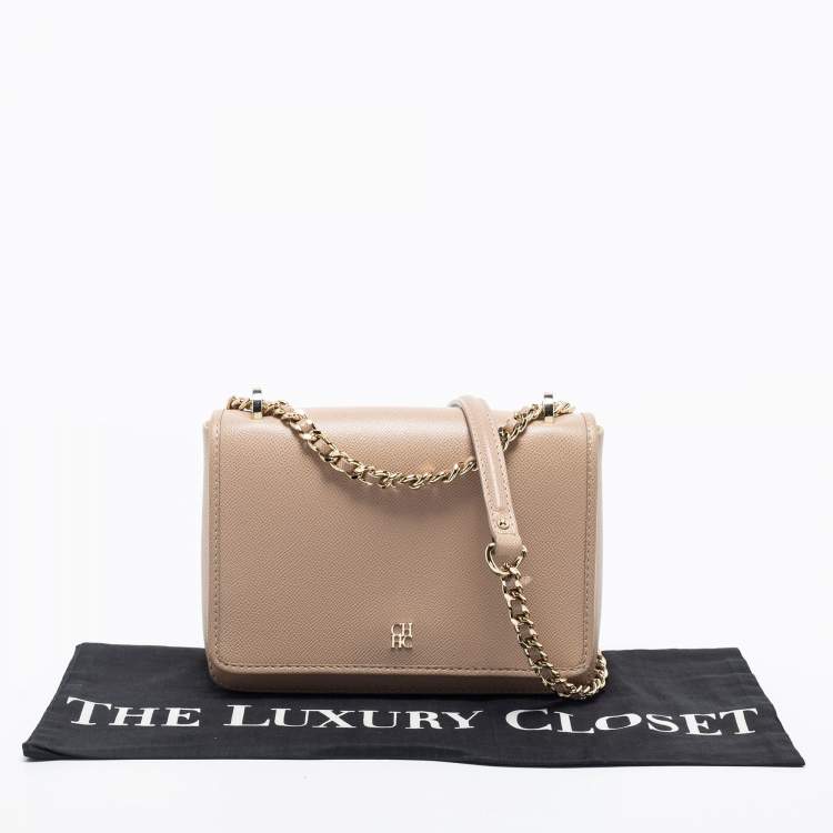 Pre Owned CH Carolina Herrera Beige Leather Flap Shoulder Bag