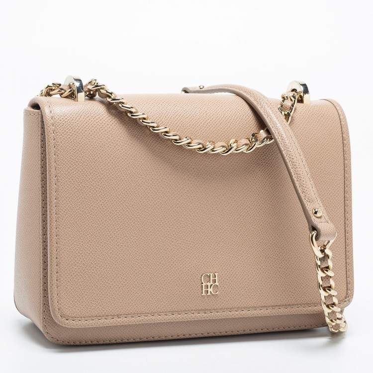 Pre Owned CH Carolina Herrera Beige Leather Flap Shoulder Bag