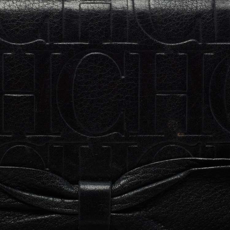 Pre Owned CH Carolina Herrera Black Monogram Embossed Leather Bow Flap Clutch