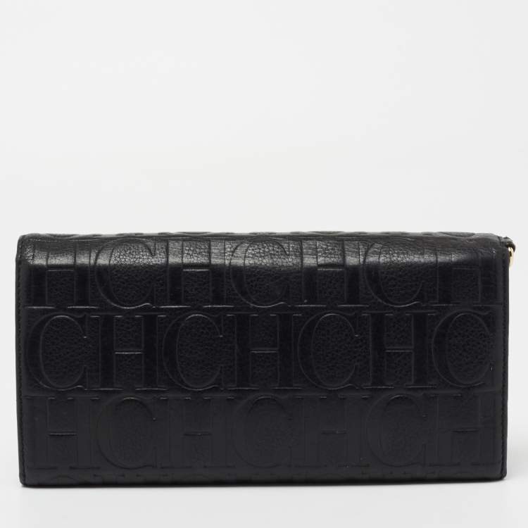 Pre Owned CH Carolina Herrera Black Monogram Embossed Leather Bow Flap Clutch