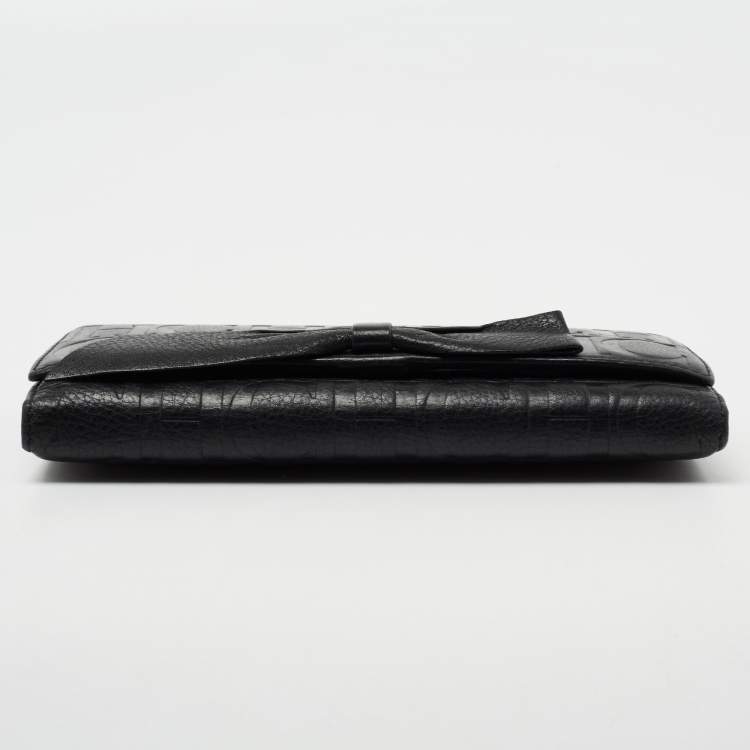 Pre Owned CH Carolina Herrera Black Monogram Embossed Leather Bow Flap Clutch