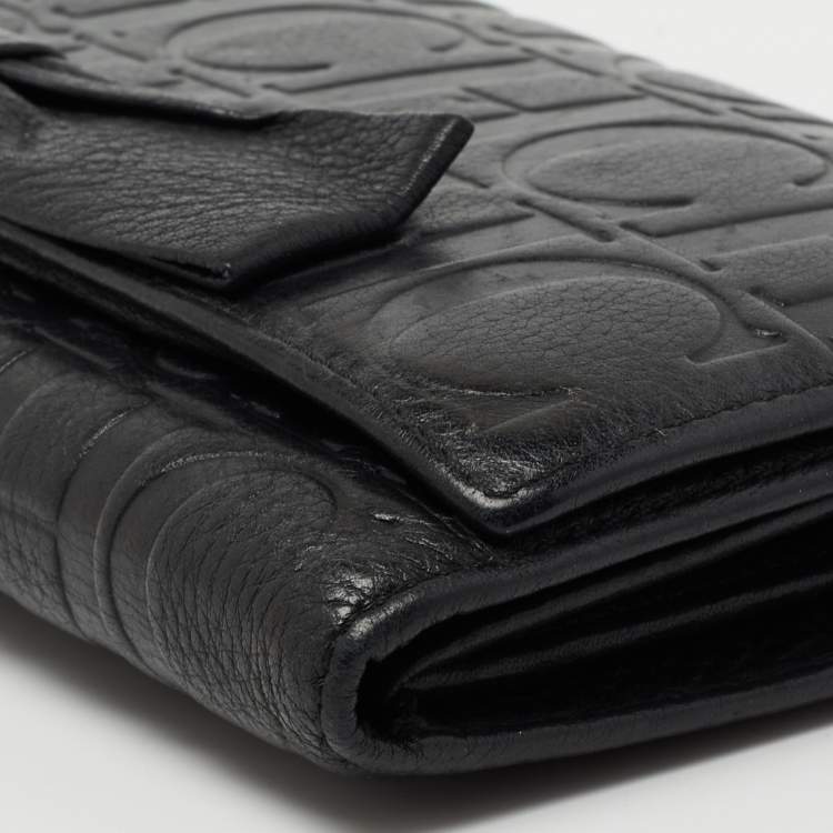 Pre Owned CH Carolina Herrera Black Monogram Embossed Leather Bow Flap Clutch