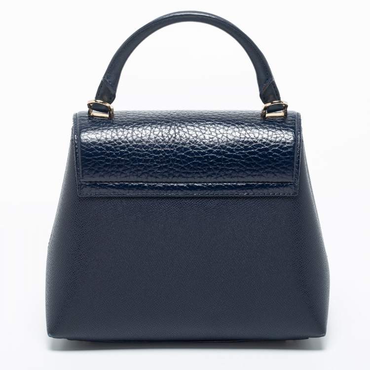 Pre Owned CH Carolina Herrera Navy Blue Logo Embossed Leather Flap Top Handle Bag