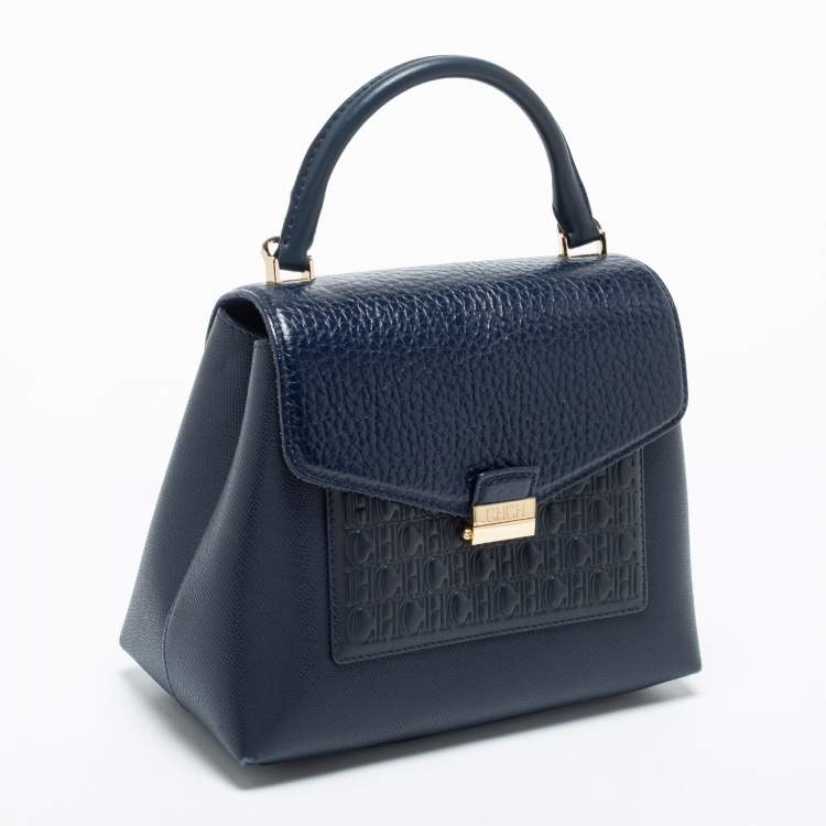 Pre Owned CH Carolina Herrera Navy Blue Logo Embossed Leather Flap Top Handle Bag