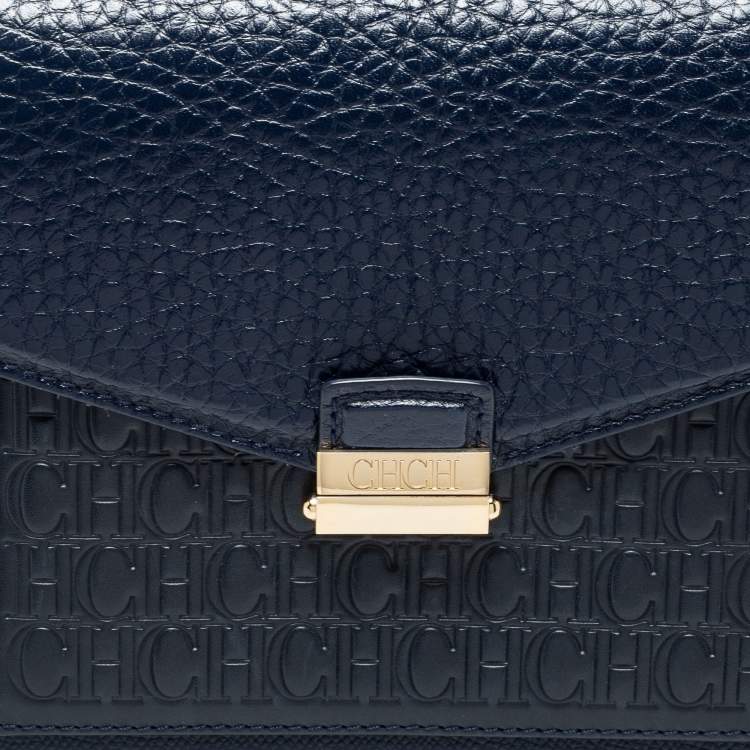 Pre Owned CH Carolina Herrera Navy Blue Logo Embossed Leather Flap Top Handle Bag