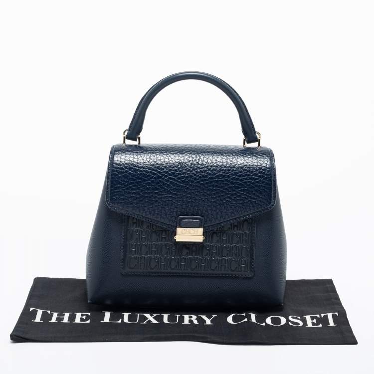 Pre Owned CH Carolina Herrera Navy Blue Logo Embossed Leather Flap Top Handle Bag