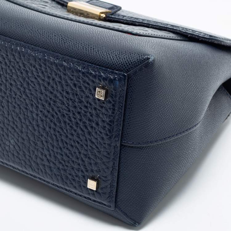 Pre Owned CH Carolina Herrera Navy Blue Logo Embossed Leather Flap Top Handle Bag
